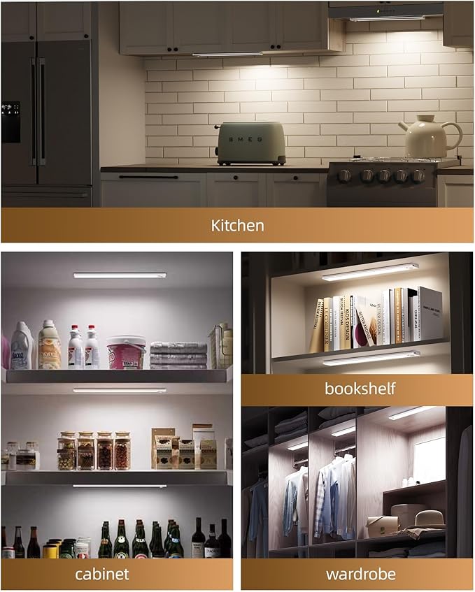 4Pack 12inch Under Cabinet Lighting, Rechargeable Motion Sensor Light Wireless Indoor, Dimmable 3 Color Temps Closet Lights with Remote, Indoor Under Counter LED Lights for Kitchen, Stairs