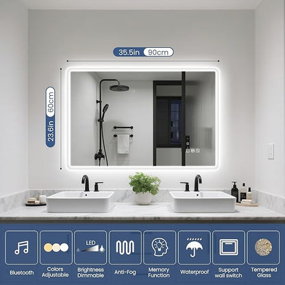 STARLEAD 24"x36" LED-Bathroom-Mirror-with-Lights, Wall-Mounted with Bluetooth Speaker, Anti-Fog, 3 Color Temperature, Dimmable Brightness, Waterproof, Tempered Glass, Frontlit & Backlit