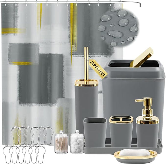 Grey Bathroom Accessories Set, Bathroom Sets with Shower Curtain, Grey Bathroom Accessories with Trash Can, Soap Dispenser, Soap Dish, Toilet Brush Holder, Qtip Holders for Bathroom