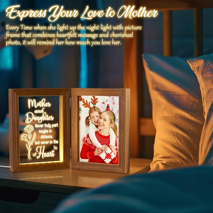 Christmas Gifts for Mom from Daughter Son Kids, Mom Gifts Engraved Night Light with 5x7 Mother Picture Frame Solid Wood, New Mama Gift Mommy Son Picture Frame Mother-in-Law Birthday Gift for Mama