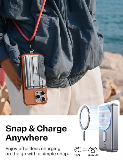 REWONDER Magnetic Portable Charger, 10000mAh PD 20W Portable Charger Power Bank with Built-in 2 Cables, Travel Essential Magsafe Battery Pack for iPhone 17/16/15/14/13/12 & Apple Watch Ultra/11/10/9