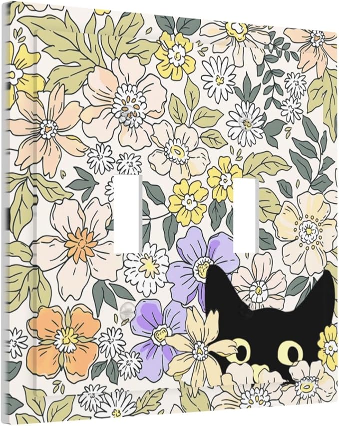 Decorative Light Switch Plate Covers Cute Black Cat in a Flower Patch Botanical Garden 2 Gang Wall Plate Double Toggle Double Light Switch Covers for Bedroom Home Decor （2 Pack）