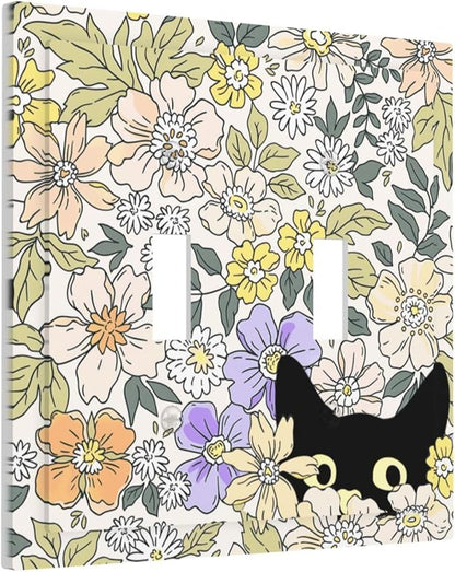 Decorative Light Switch Plate Covers Cute Black Cat in a Flower Patch Botanical Garden 2 Gang Wall Plate Double Toggle Double Light Switch Covers for Bedroom Home Decor （2 Pack）