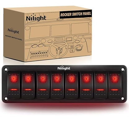 Nilight 8 Gang Rocker Switch Panel 5Pin On Off Toggle Aluminum Holder 12V 24V Dash Pre-Wired Red Backlit Switches for Automotive Cars Marine Boats RVs Truck