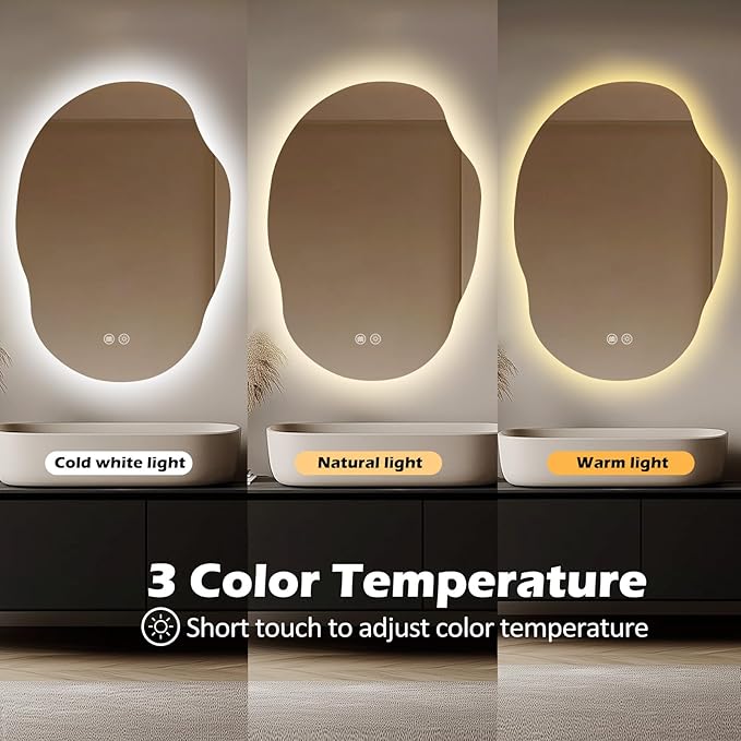 LED Mirror for Bathroom 22x30 in, Stepless Dimmable Irregular Backlit Mirror with 3 Colors, Anti-Fog, Memory, Al-Alloy Lampshade, Frameless Vanity Mirror for Bathroom (Horizontal/Vertical)