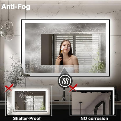 57x36 LED Light Mirror for Bathroom - Black Framed Mirror (Front and Backlit), Anti-Fog Bathroom Vanity Mirror, Stepless Dimmable Lighted Mirror, Tempered Glass, Memory (Horizontal/Vertical)