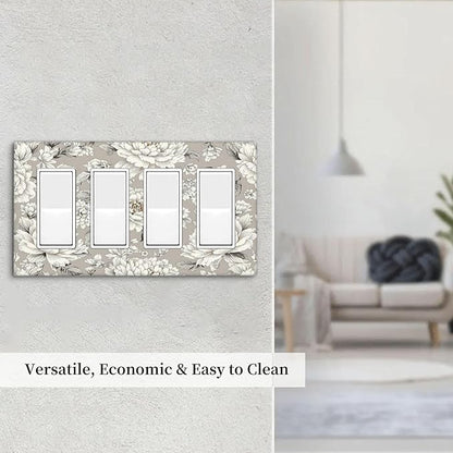 White Poppies Floral Modern Grey Peonies Flowers Wallplates 4 Gang Quad Rocker Decorative Light Switch Covers Electrical GFCI Faceplate Switch Plate for Bedroom Bathroom Decor