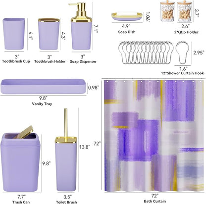 Purple Bathroom Accessories Set, Bathroom Sets with Shower Curtain, Purple Bathroom Accessories with Trash Can, Soap Dispenser, Soap Dish, Toilet Brush Holder, Qtip Holders for Bathroom