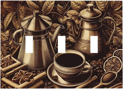 Decorative Light Switch Cover Plate Vintage Coffee Beans Leaf Cup 3 Gang Wall Plate Oversized Triple Toggle Switch Cover Plate Jumbo Faceplate for Kitchen Home Decor