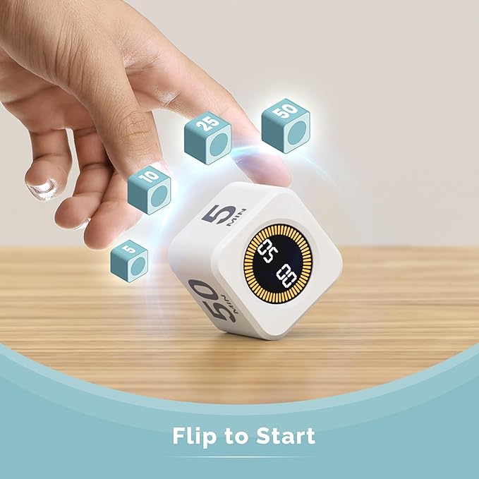 KADAMS Pomodoro Cube Timer Productivity Visual Timer - 5/10/25/50 Min Rotating Countdown, Customize Countup Silent Mode- for Work Study Cook Workout Kitchen Back to School Classroom (White, 2 Pack)
