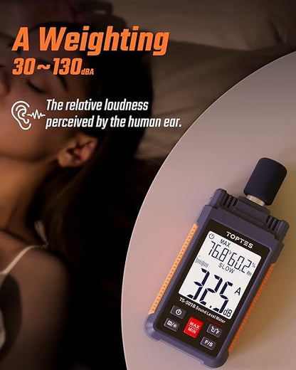 Decibel Meter, TopTes TS-501B Sound Level Meter with 2.25” Backlit LCD Screen, Portable SPL Tester with A/C Weighted, Range 30-130dB, MAX/MIN, Data Hold, Use for Home, Noisy Neighbor, Factory - Orange