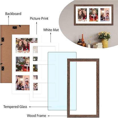 Golden State Art, Set of 3, 9x18 Distressed Brown Wood Frame - White Mat for Three 5x7 Pictures - Sawtooth Hangers- Swivel Tabs - Wall Mounting - Landscape/Portrait - Real Glass - Collage Frame