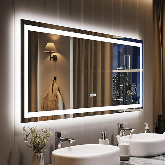 GarveeHome 60x24 LED Bathroom Mirror with Lights, Dimmable, Anti-Fog, Backlit + Front Lit, and 3X Magnification Mirror, Smart Bathroom Vanity Mirror for Wall, Memory Function, Shatter-Proof