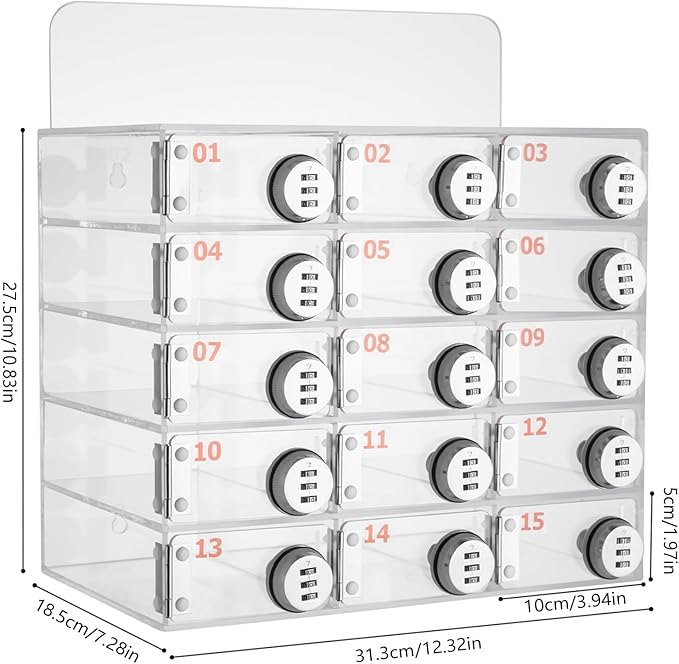 Cell Phone Locker Box 15 Slots Clear Acrylic Cell Phone Organizer Cabinet with Combination Locks Wall-Mounted Locking Cell Phone Storage Box for Classroom Office,Shool,Office (15 Slots, Acrylic)