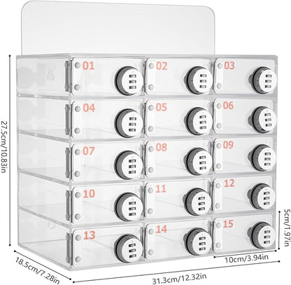 Cell Phone Storage Locker, 15 Slots Acrylic Material with Door Locks and Keys, Wall-Mounted Cabinet Pocket Office Classroom Gym Box, Clear