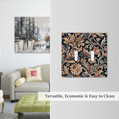 Decorative Switch Plates Vintage Grey Plant Leaves Brown Flowers 2 Gang Double Toggle Outlet Light Switch Cover Wall Plate Electrical Faceplate for Bedroom Home Decor