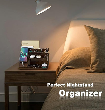 KOCWELL Wood Phone Docking Station, Gifts for Men, Nightstand Organizer Wood for Phone Tablet Earphones Watch Wallet Rings Pens Keys Notebook etc, Birthday Gifts for Men Husband Dad Boyfriend