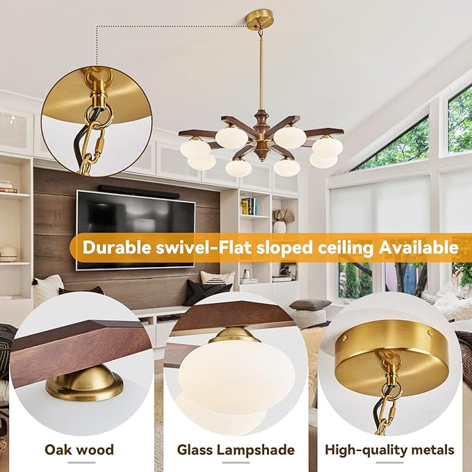 8-Light Chandelier, Mid Century Gold Chandelier with Milk Glass Shades, Wood Dining Room Light Fixture