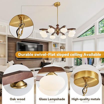 8-Light Chandelier, Mid Century Gold Chandelier with Milk Glass Shades, Wood Dining Room Light Fixture