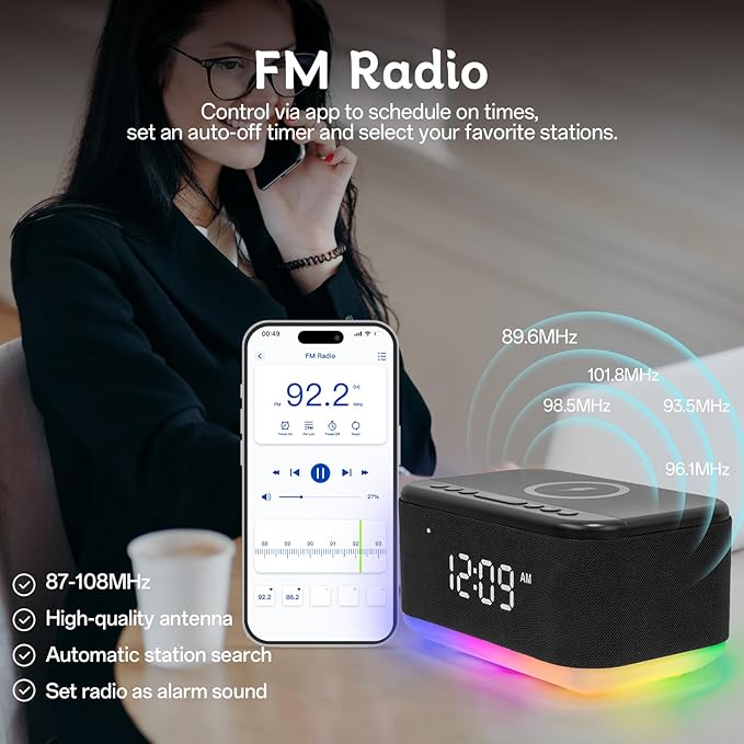 Bluetooth Alarm Clock Radio Bedroom, Digital Dual Alarm Clock Bedroom, Up to 10 Alarms Clock Night Light Speaker App/Button Control FM Charge Snooze Adjustable Volume Dim 12/24H, Black