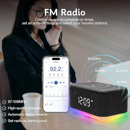 Bluetooth Alarm Clock Radio Bedroom, Digital Dual Alarm Clock Bedroom, Up to 10 Alarms Clock Night Light Speaker App/Button Control FM Charge Snooze Adjustable Volume Dim 12/24H, Black