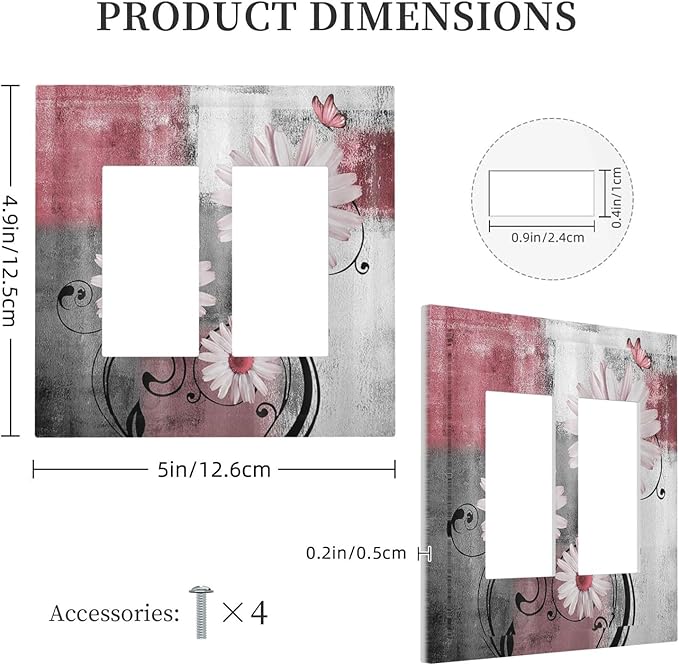 Decorative Outlet Covers Pink Floral Rustic Daisy Flower And Butterfly 2 Gang Double GFCI Rocker Electrical Wall Panels Light Switch Cover Plate for Farmhouse Cabin Decor
