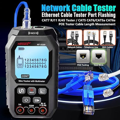 NF-8509 Network Cable Tester (with Multimeter Tester), POE/RJ45 RJ11 CAT5 CAT6 LAN/Ethernet Port Flashing, Anti-Interference TDR Network Tester/NCV Anti-Burnout AC DC Voltmeter Network Tool