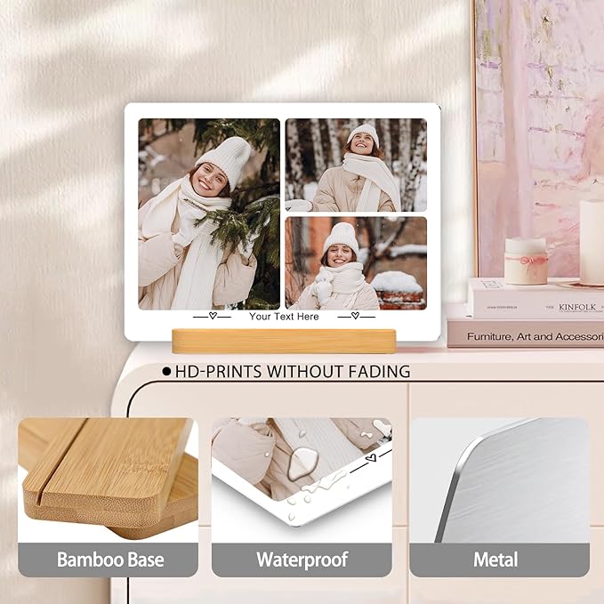 Custom Photo Prints - Metal Desktop Picture Frame with Collage Photos & Text & Wooden Base Personalized Gifts for Family Friends Lovers and Pets, Optional Multiple Sizes