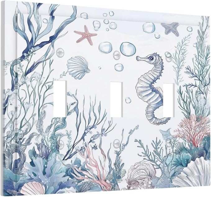 Decorative Switch Plates Ocean Coral Seahorse Seashell Starfish 3 Gang Wall Plate Triple Toggle Light Switch Cover Faceplate Electrical Wall Panels For Bathroom Home Decor