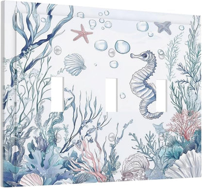 Decorative Switch Plates Ocean Coral Seahorse Seashell Starfish 3 Gang Wall Plate Triple Toggle Light Switch Cover Faceplate Electrical Wall Panels For Bathroom Home Decor