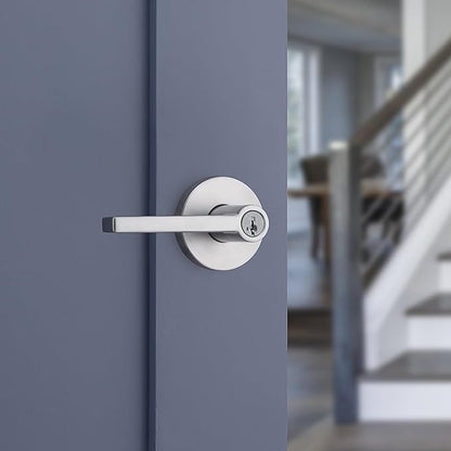 Kwikset Halifax Entry Door Handle with Lock and Key, Secure Round Keyed Reversible Lever Exterior, for Front Entrance and Bedrooms, Satin Chrome, Pick Resistant Smartkey Rekey Security and Microban