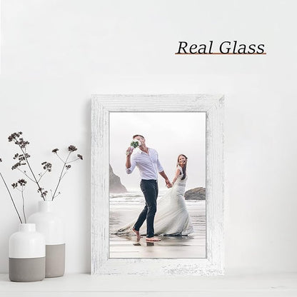 iRahmen 6x9 Picture Frame Set of 4, High Definition Glass Distressed White Frame, 6 x 9 Wood Photo Frames for Horizontal or Vertical Tabletop Display and Wall Mounting