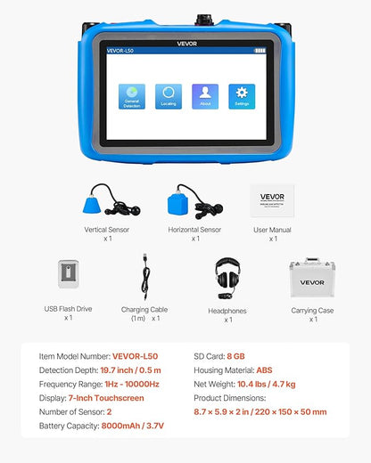 VEVOR Pipe Water Leak Detector for Indoors, 1Hz-10000Hz, 7" Touchscreen Plumbing Water Leakage Detection Locator with Horizontal & Vertical Sensors, Headphones, 8GB SD Card & Carry Case for Home Use