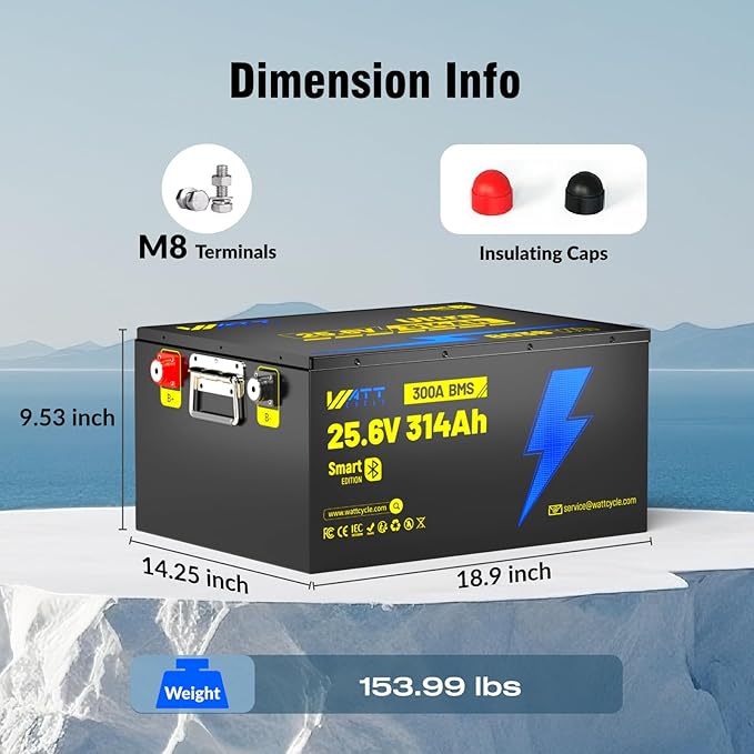 WattCycle 24V 314Ah Lithium Battery 3 Pack, 24V LiFePO4 Battery 300A BMS, LiFePO4 Battery 15000+ Deep Cycles, Rechargable Batteries Built-in Bluetooth, Perfect for Home Energy, RV, Marine, Solar
