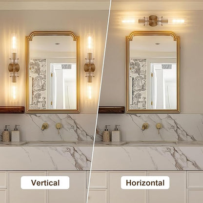 Brass Gold 2-Light Knurled Wall Sconce, Dual-Head Vanity Lamp Set of Two with Vertical Striped Glass Tube, Bathroom Wall Sconces, Wall Lights for Living Room Bedroom Hallway Kitchen Bathroom Mirror