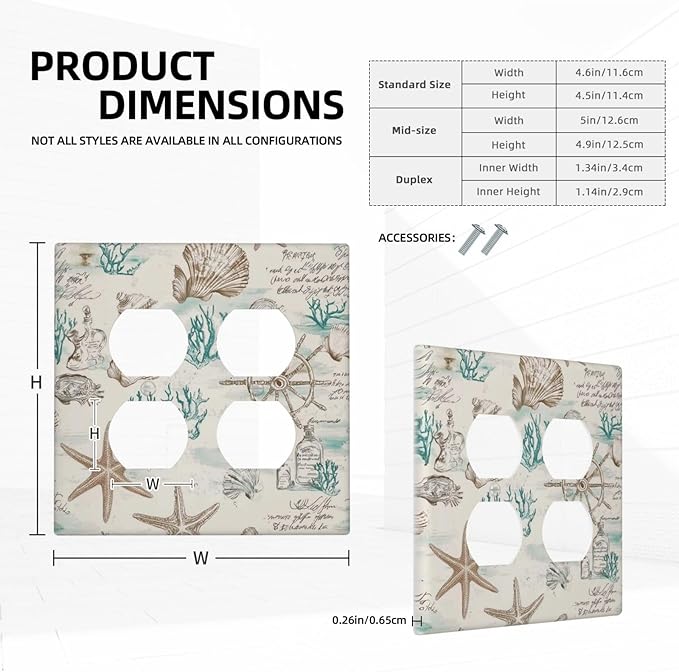Mid Century Seashells Starfish Compass Outlet Covers 2 Gang Double Duplex Decorative Light Switch Covers Electrical Wallplates Socket Faceplate For Nursery Kids Room Decor
