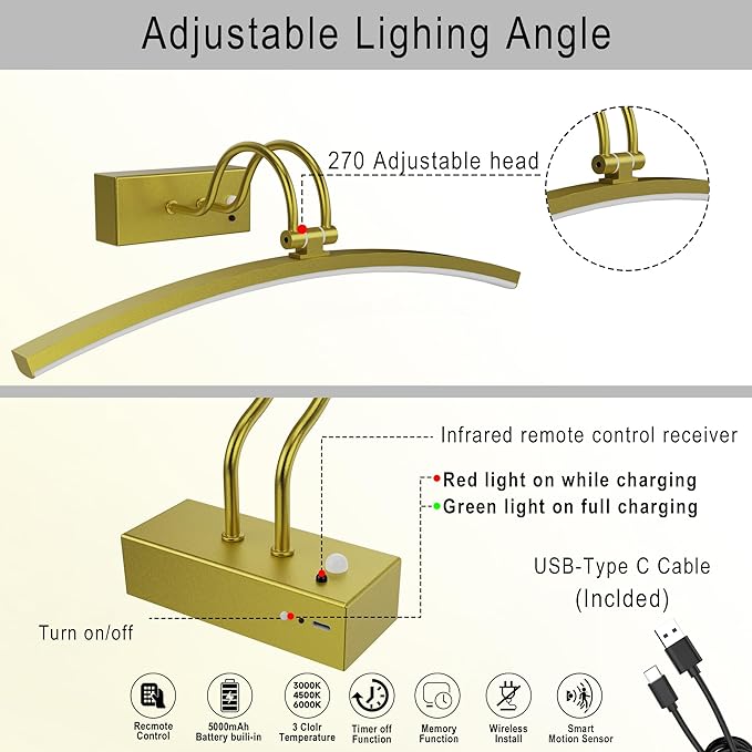 PAIHOME Picture Light for Wall Battery Operated, Rechargeable Picture Light with Smart Motion Sensor, Remote Dimmable & Timer, ‌16in Gold Wireless Art Lighting for Paintings Canvas Gallery Portraits