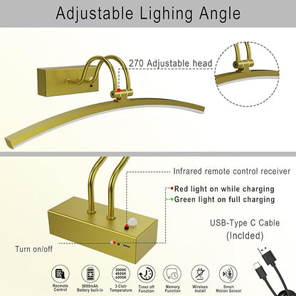PAIHOME Picture Light for Wall Battery Operated, Rechargeable Picture Light with Smart Motion Sensor, Remote Dimmable & Timer, ‌16in Gold Wireless Art Lighting for Paintings Canvas Gallery Portraits