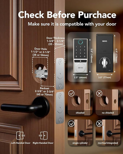 Devo G2 Fingerprint Smart Door Lock, Keyless Entry Door Lock, App Control, Smart Locks for Front Door, Smart Deadbolt Lock, Built-in Bluetooth, Touchscreen Keypad, 8 Months Battery, IP54 Waterproof
