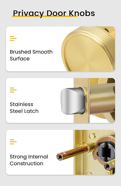goldenwarm Gold Door Knobs Interior, Brushed Gold Door Knobs Square Privacy Door Knob for Bedroom Bathroom, Modern Heavy Duty Interior Doorknobs - 3 Pack Zinc-Alloy