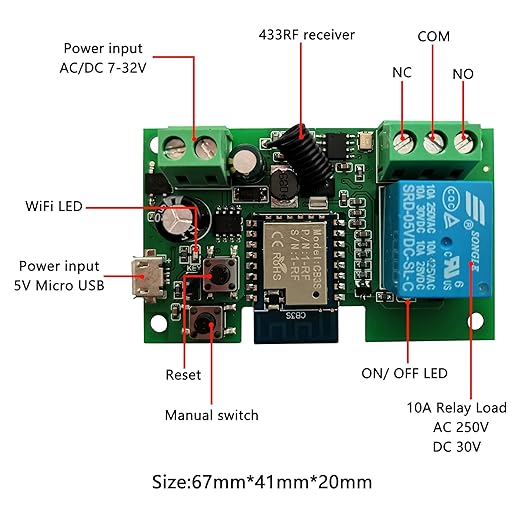 Jane Eyre WiFi Wireless Relay Module 1 Channel Remote Switch Momentary/Self-Locking Relay with 433MHz RF Remote Control Compatible with Alexa, Echo and Google Assistant
