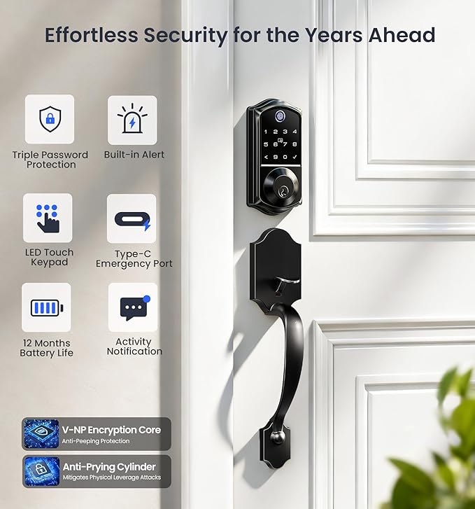 Veise VE017-H Fingerprint Smart Front Door Lock Set, App Control, Keyless Entry Deadbolt with Handle, Smart Deadbolt, Emergency Power Port, Touchscreen Keypad, Auto Lock, Easy Install, Matte Black