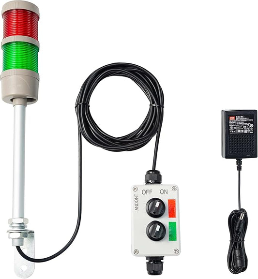 2 Stack Super Bright LED Andon Tower Lights with Buzzer, Red/Green, Off-ON or Flash,16 ft Extension Cord, 6 ft Industrial Adapter, Plug Play Ready – for Manufacturing & Industrials, Automotive