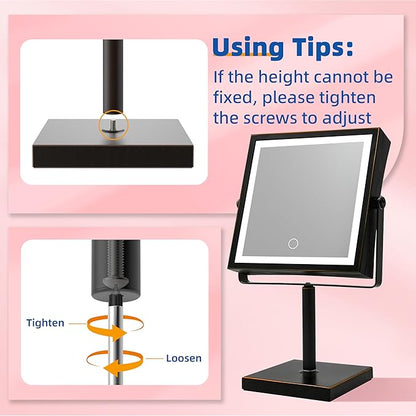 Ruacq Rechargeable Makeup Mirror, 4000mAh Lighted Makeup Mirror with Magnification 1X/10X, Height Adjustable Vanity Mirror with Lights, 3 Color Lights, Adjustable Brightness, (Oil Rubbed Bronze)