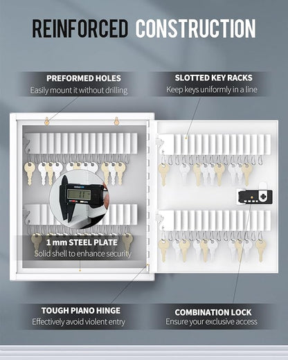 Uniclife 60 Position Slotted Key Cabinet with Combination Lock Resettable White Digital Security Storage Box Steel Key Organizer with Slotted Racks White Key Tag Labels and Permanent Pen