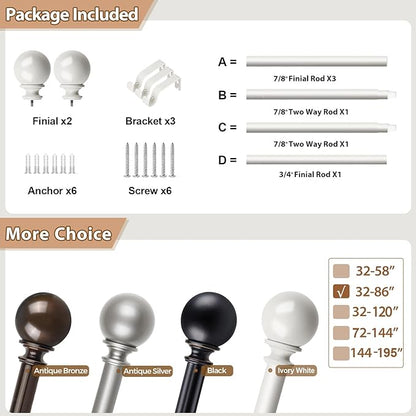 KAMANINA White Curtain Rods for Windows 48 to 84 Inch, 7/8 Inch Adjustable Curtain Rods 32 to 86 Inches (2.6-7.1ft), Single Drapery Rod Adjustable with Round Finials