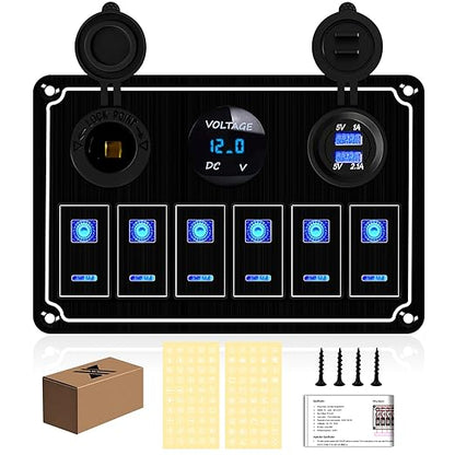 Waterproof Toggle Switch Panel 6 Gang 12V/24V Aluminum Rocker Switch Panel with Dual USB Charger Socket Voltmeter, Pre-Wired Multi-Function Switch Panel for Automotive RV Truck Vehicles