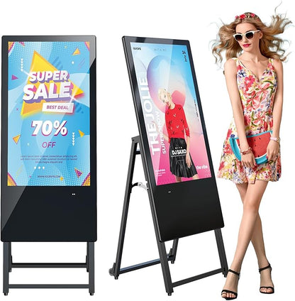 JIYANG 32 Inch Indoor Digital Signage Display,Floor Standing Advertising Digital Kiosk with Wheels,Portable LCD Poster Totem Support HDMI Input,Split Screen,Timed Open/Off,Android System