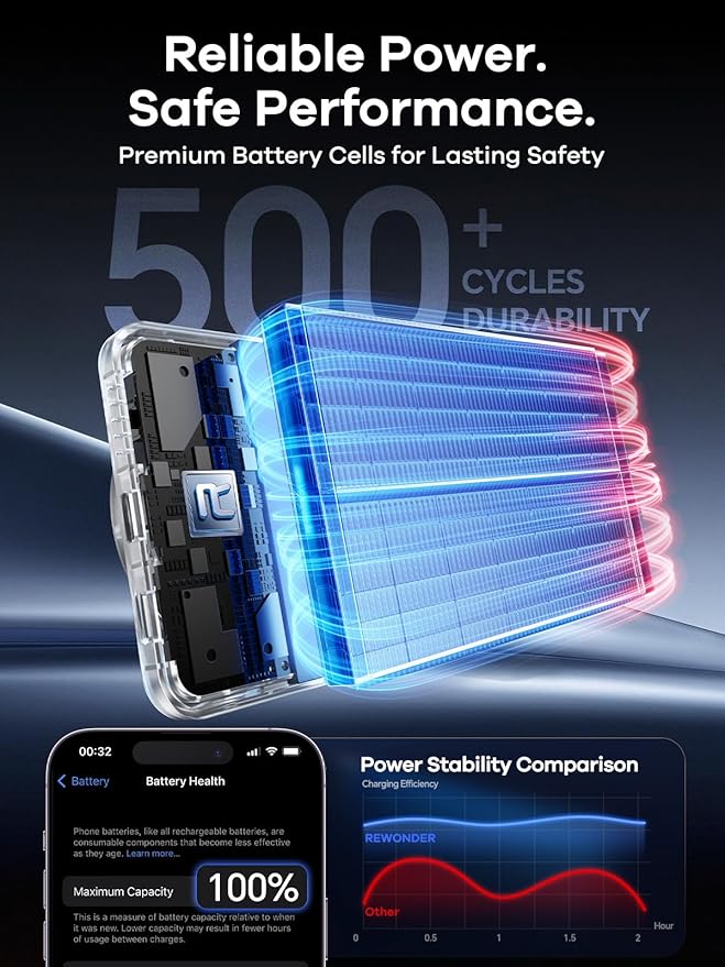 REWONDER Magnetic Portable Charger, 10000mAh PD 20W Portable Charger Power Bank with Built-in 2 Cables, Travel Essential Magsafe Battery Pack for iPhone 17/16/15/14/13/12 & Apple Watch Ultra/11/10/9