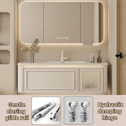 72IN Wall Mounted Bathroom Vanity Set - Wood Bathroom Vanities has Tissue Hole Design | Includes Smart Defogging Mirror Cabinet & Time Display, Rounded Corners, Glass Cabinet Doors (Style A)